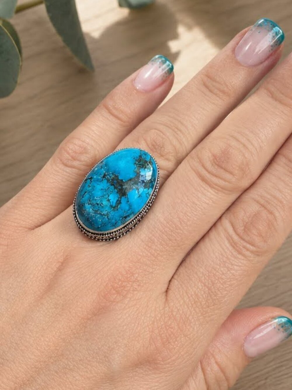 925 Sterling Silver Genuine Turquoise Large Oval Cabochon Western Ring Size 8.5 - Picture 12 of 15